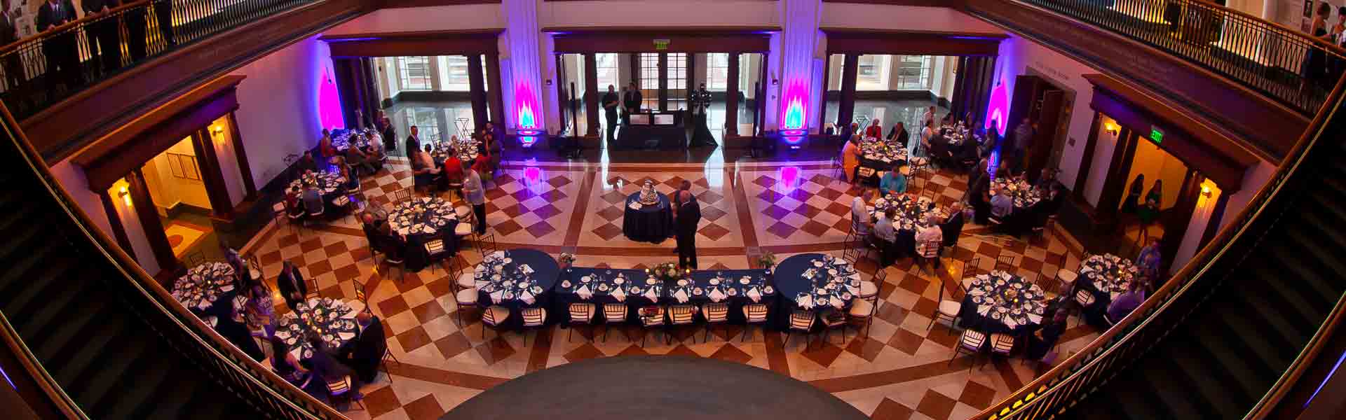 Eli Lilly Hall set up for wedding reception.