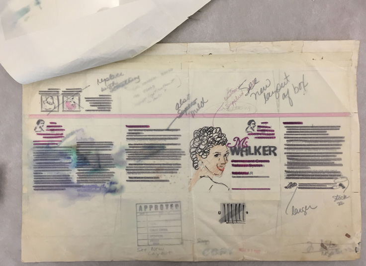 Draft of box design with handwritten suggestions. Sketch of model.